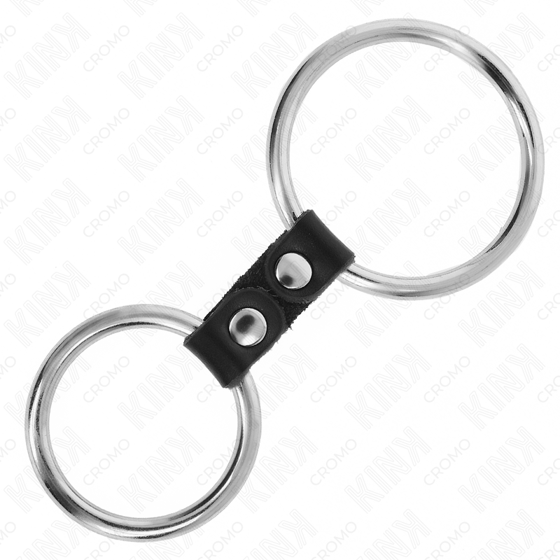 KINK - METALLISCHER DOPPELTER PENISRING VON 3,7 CM BIS 5 CM, MIT LEDERRIEMEN VERBUNDEN, MODELL 2