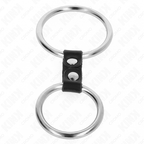 KINK - METALLISCHER DOPPELTER PENISRING VON 3,7 CM BIS 5 CM, MIT LEDERRIEMEN VERBUNDEN, MODELL 2