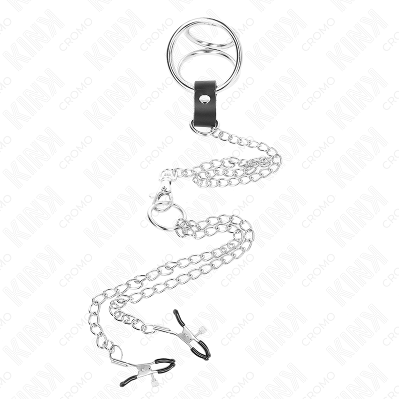 KINK – DREIFACHER VERCHROMTER PENISRING 3,8 CM BIS 5 CM MIT 26 CM METALLKETTE UND NIPPELKLAMmern MODELL 1