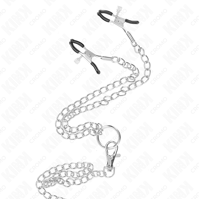KINK – DREIFACHER VERCHROMTER PENISRING 3,8 CM BIS 5 CM MIT 26 CM METALLKETTE UND NIPPELKLAMmern MODELL 1