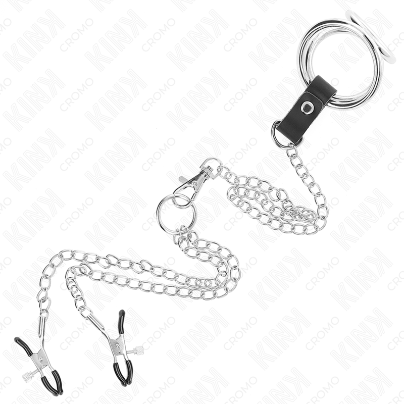 KINK – DREIFACHER VERCHROMTER PENISRING 3,8 CM BIS 5 CM MIT 26 CM METALLKETTE UND NIPPELKLAMmern MODELL 1