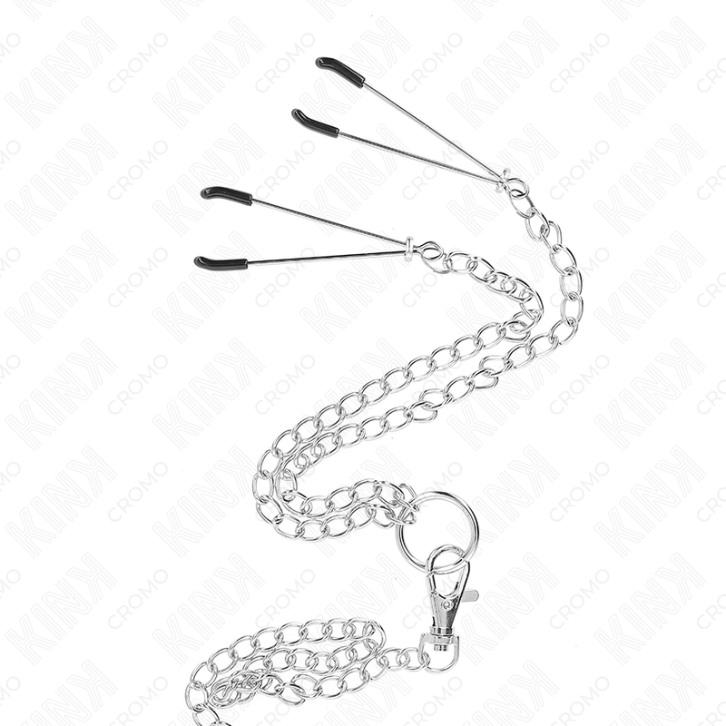 KINK – DREIFACHER VERCHROMTER PENISRING 3,8 CM BIS 5 CM MIT 26 CM METALLKETTE UND NIPPELKLAMmern MODELL 2