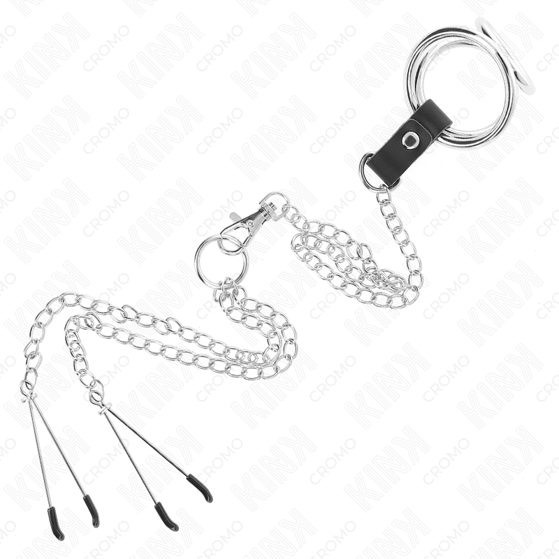 KINK – DREIFACHER VERCHROMTER PENISRING 3,8 CM BIS 5 CM MIT 26 CM METALLKETTE UND NIPPELKLAMmern MODELL 2