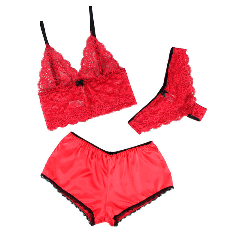 SUBBLIME - 953898 NACHTBLUSE AUS SEIDE UND SPITZE + ROTER SLIP S/M