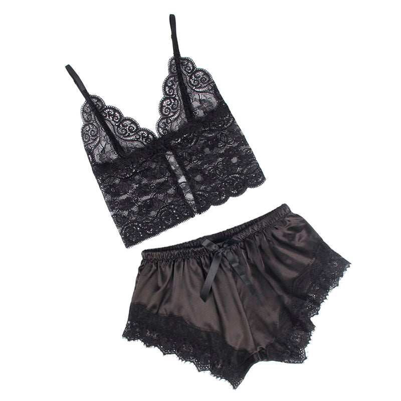 SUBBLIME - 953942 NACHTIEHEMD AUS SEIDE + HOSE MIT SPITZE SCHWARZ L/XL