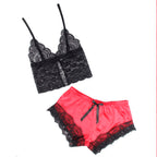 SUBBLIME - 953966 NACHTTEILIGES SEIDENNACHTHEMD + SPITZENHOSE SCHWARZ/ROT L/XL