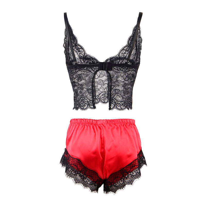 SUBBLIME - 953966 NACHTTEILIGES SEIDENNACHTHEMD + SPITZENHOSE SCHWARZ/ROT L/XL