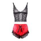 SUBBLIME - 953966 NACHTTEILIGES SEIDENNACHTHEMD + SPITZENHOSE SCHWARZ/ROT L/XL