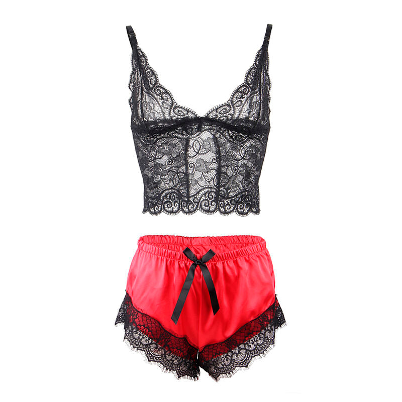 SUBBLIME - 953966 NACHTTEILIGES SEIDENNACHTHEMD + SPITZENHOSE SCHWARZ/ROT L/XL