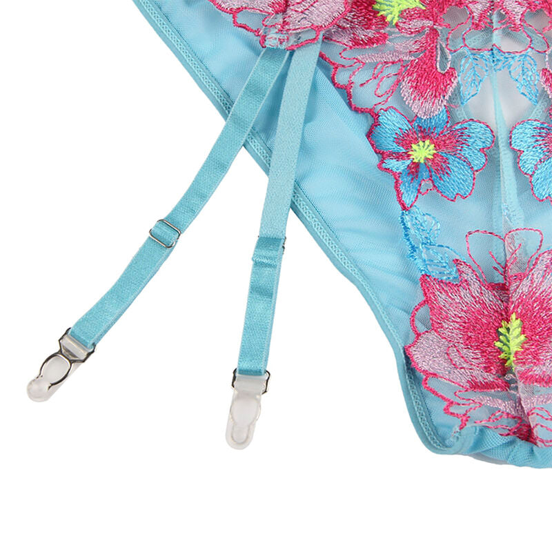 SUBBLIME - 954109 BH + HOSE MIT BLUMENMUSTER UND STRUMPFHALTER BLAU S/M