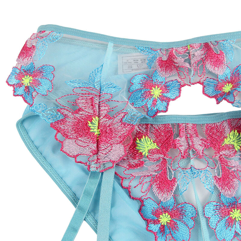 SUBBLIME - 954109 BH + HOSE MIT BLUMENMUSTER UND STRUMPFHALTER BLAU S/M