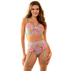 SUBBLIME - 954109 BH + HOSE MIT BLUMENMUSTER UND STRUMPFHALTER BLAU S/M