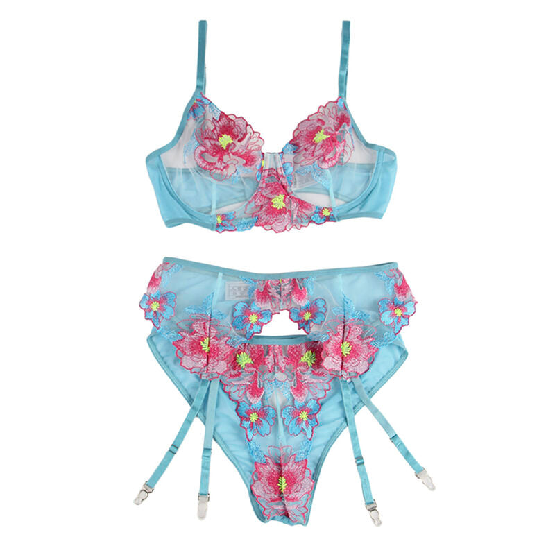 SUBBLIME - 954109 BH + HOSE MIT BLUMENMUSTER UND STRUMPFHALTER BLAU S/M