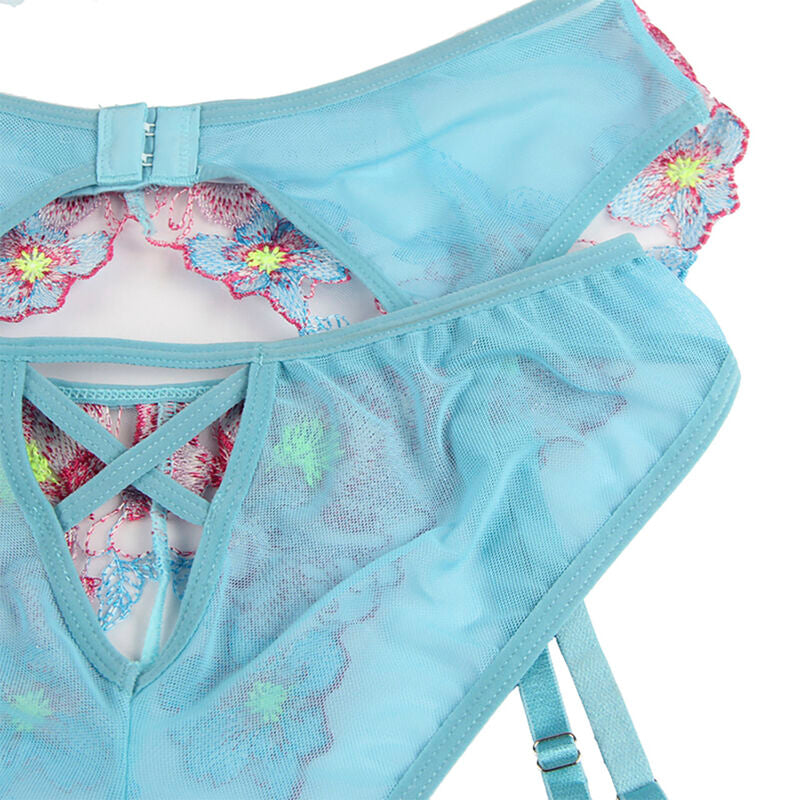 SUBBLIME - 954116 BH + SLIP MIT STRUMPFHALTER BLUMENMUSTER BLAU L/XL