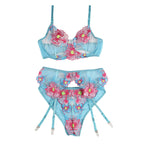 SUBBLIME - 954116 BH + SLIP MIT STRUMPFHALTER BLUMENMUSTER BLAU L/XL