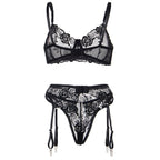 SUBBLIME - 945237 SOUTIEN-GORGE + CULOTTE AVEC PORTE-JARRETELLES MOTIF FLORAL NOIR S/M