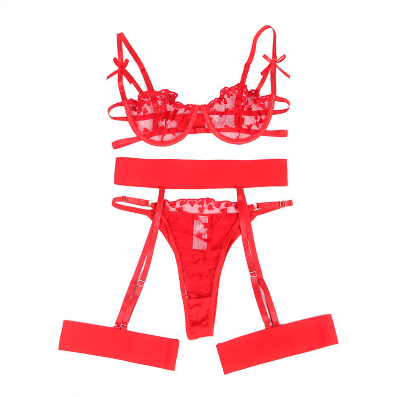 SUBBLIME - 954321 BH + TANGA + STRUMPFHALTER SET ROTES HERZ S/M