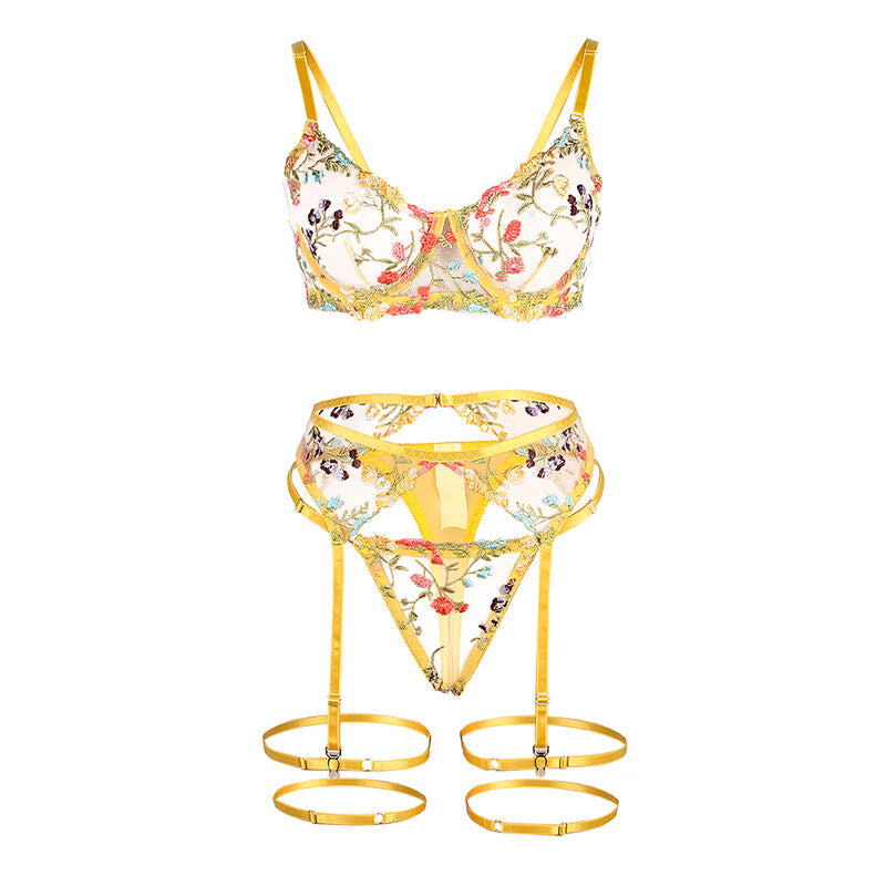 SUBBLIME - 954352 BH + STRING + STRUMPFHALTER SET GELB MIT BLUMENMUSTER L/XL