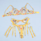 SUBBLIME - 954352 BH + STRING + STRUMPFHALTER SET GELB MIT BLUMENMUSTER L/XL