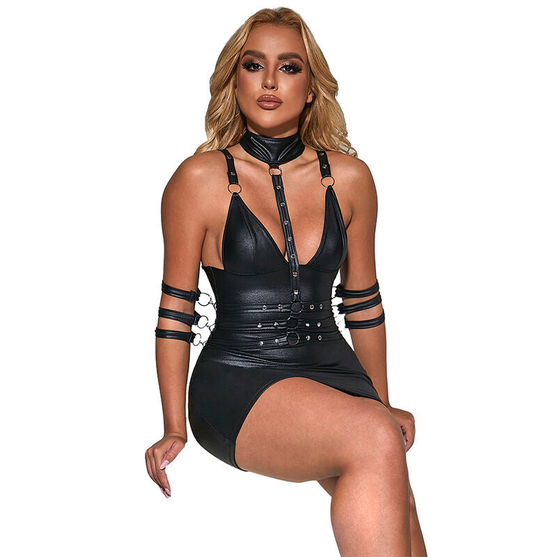 SUBBLIME - 954406 SCHWARZES LEDER-BONDAGE-KLEID S/M