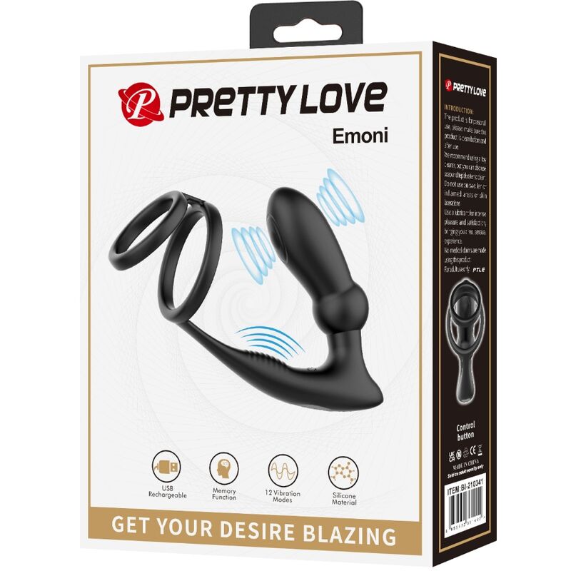 PRETTY LOVE - PENISRING EMONI + ANUSPLUG 12 VIBRATIONEN SCHWARZ