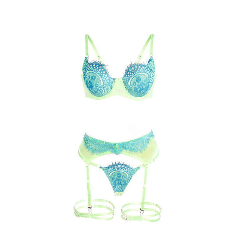 SUBBLIME - 955311 BH-SET MIT SPITZENDETAILS UND STRUMPFHALTER, GRÜN UND BLAU S/M