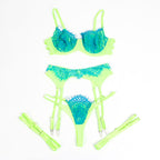SUBBLIME - 955328 ENSEMBLE SOUTIEN-GORGE AVEC LIGNES DENTELLE ET JARRETELLE VERT ET BLEU L/XL