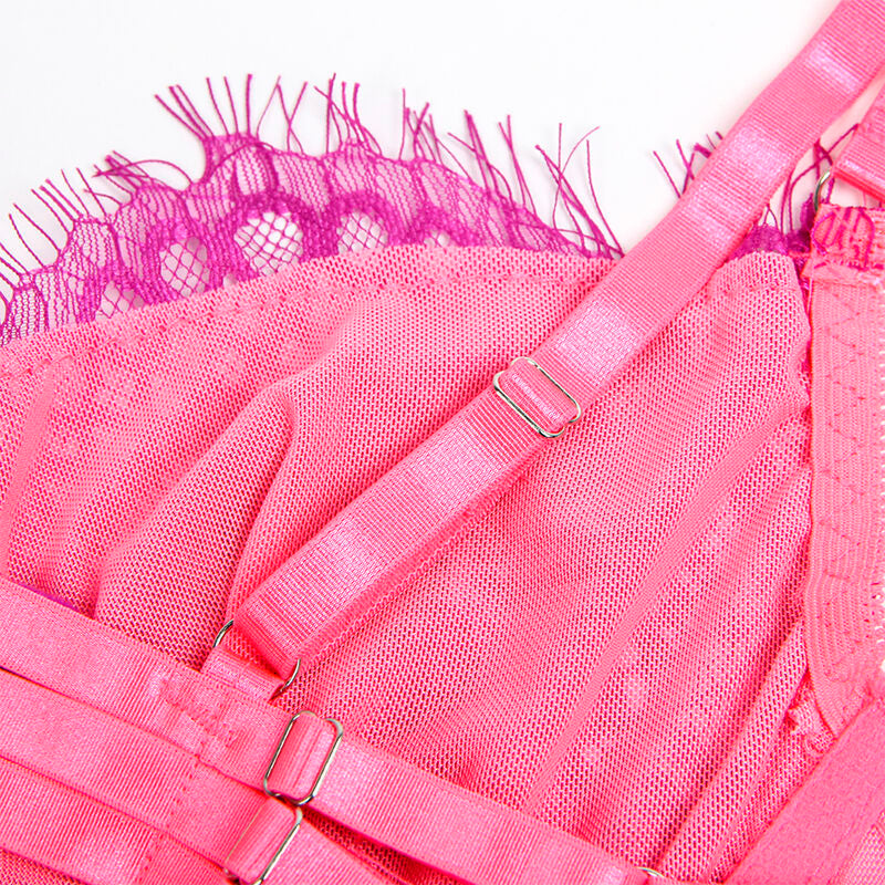 SUBBLIME - 955359 BH-SET MIT SPITZE UND STRUMPFBANDHALTERN ROSA UND VIOLETT S/M