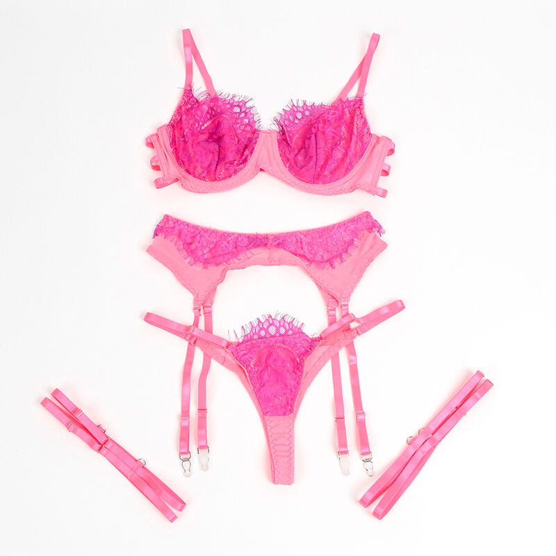 SUBBLIME - 955366 BH-SET MIT SPITZENBÄNDERN UND STRUMPFBÄNDERN ROSA UND VIOLETT L/XL