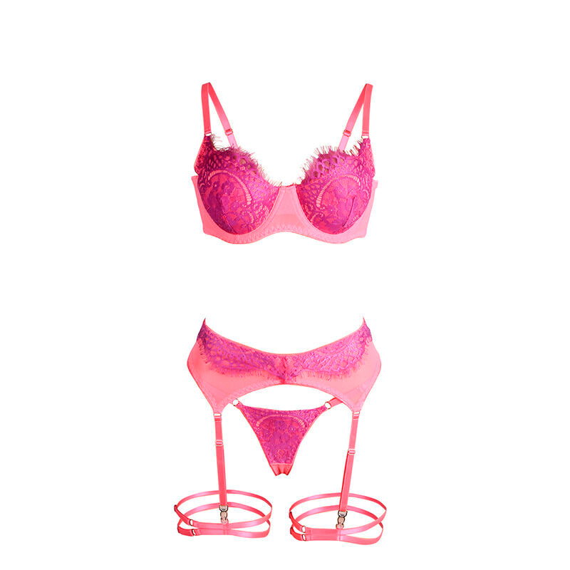 SUBBLIME - 955366 BH-SET MIT SPITZENBÄNDERN UND STRUMPFBÄNDERN ROSA UND VIOLETT L/XL