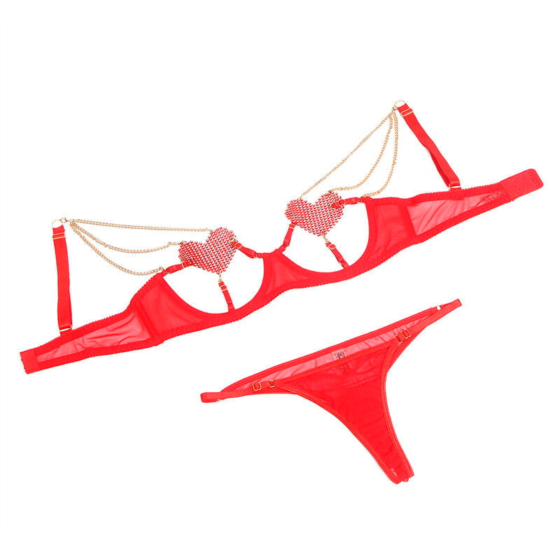 SUBBLIME - 955519 BH-SET MIT KETTEN UND ROTEM SPITZENHERZ S/M