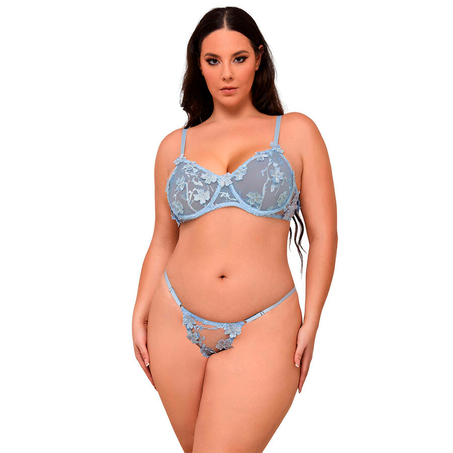 SUBBLIME - 957629 ENSEMBLE SOUTIEN-GORGE ET CULOTTE BRODÉS DE FLEURS BLEU CIEL S/M