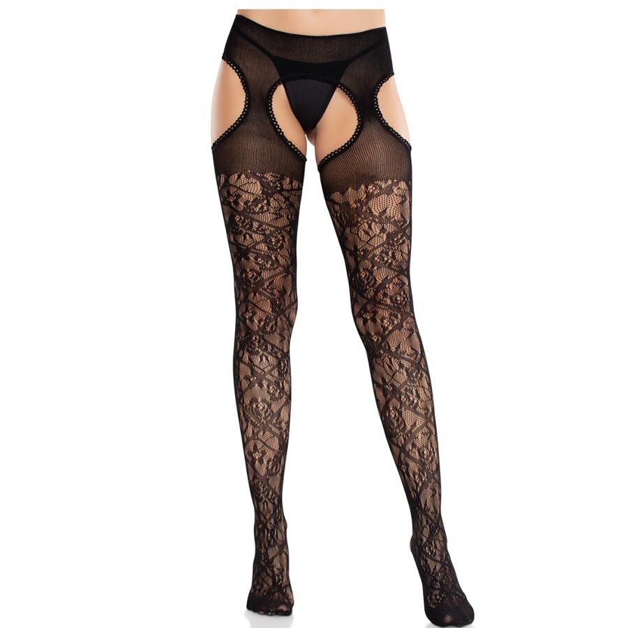 LEG AVENUE - BLÜTENSPITZENSTRÜMPFE MIT HOSENTRÄGERN UNITED BLACK