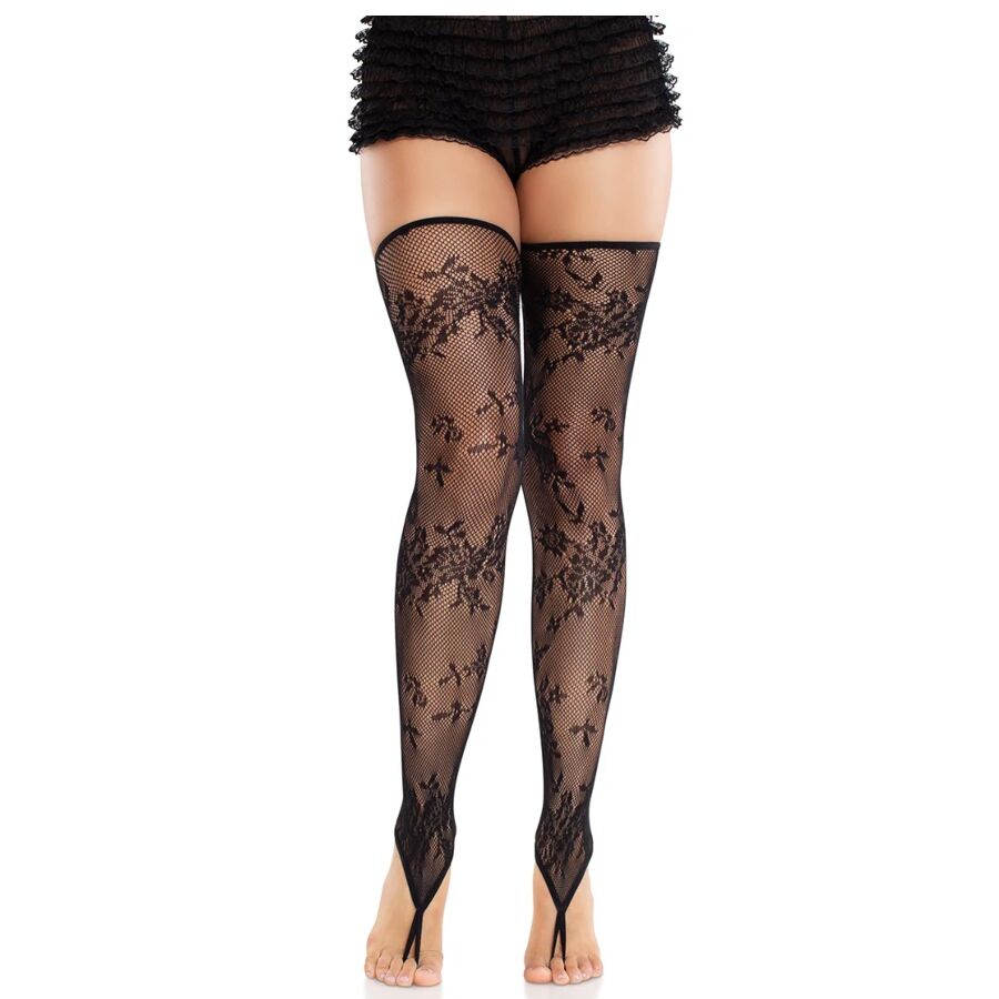 LEG AVENUE - BLUMIGE FUSSLOSE SPITZENSTRÜMPFE SCHWARZ
