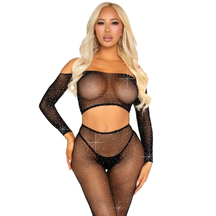 LEG AVENUE - CROP TOP UND NETZ-LEGGINGS MIT SCHWARZEN STRASSSTEINEN
