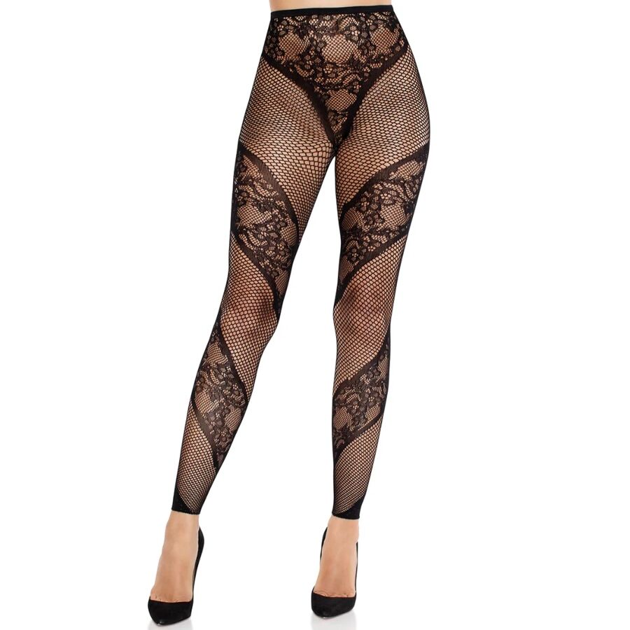 LEG AVENUE - SCHWARZE, TRANSPARENTE SPITZEN-FÜSSLINGSLOSE STRUMPFHOSE