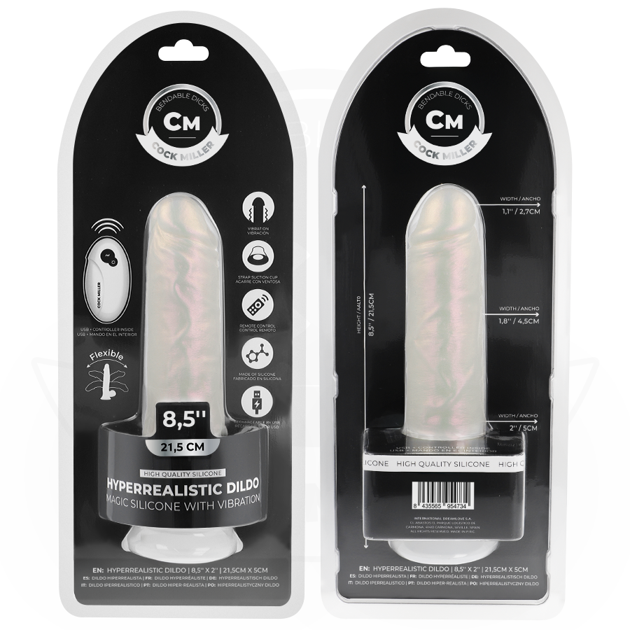 COCK MILLER - DILDO MIT SAUGNAPF, LICHT UND VIBRATIONEN MIT FERNBEDIENUNG WEISS 21,5 CM