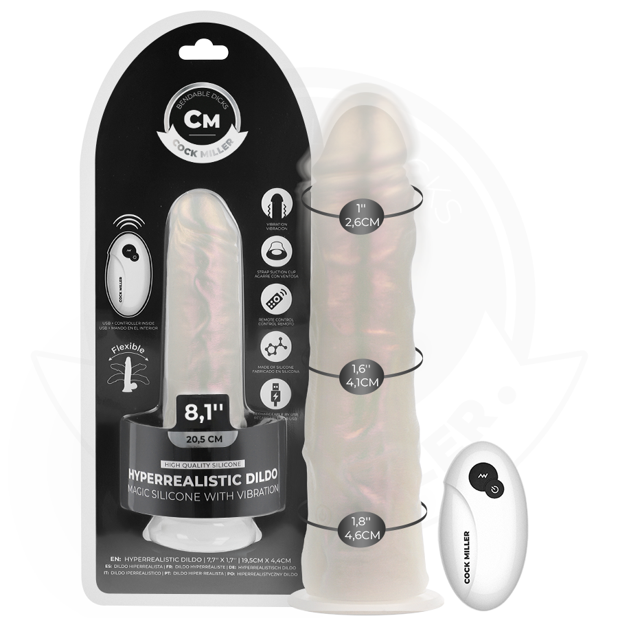 COCK MILLER - DILDO MIT SAUGNAPF, LICHT UND VIBRATION MIT FERNBEDIENUNG WEISS 20,5 CM
