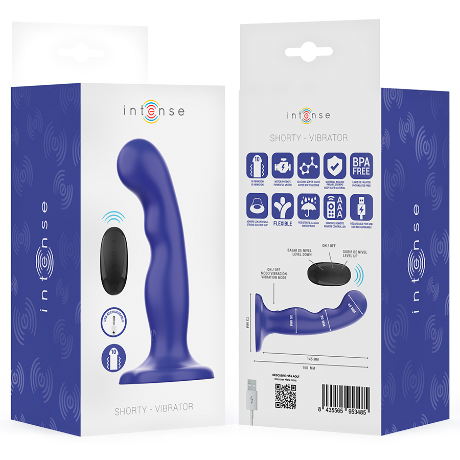 INTENSE - SHORTY VIBRATEUR AVEC VENTOUSE TÉLÉCOMMANDE BLEUE